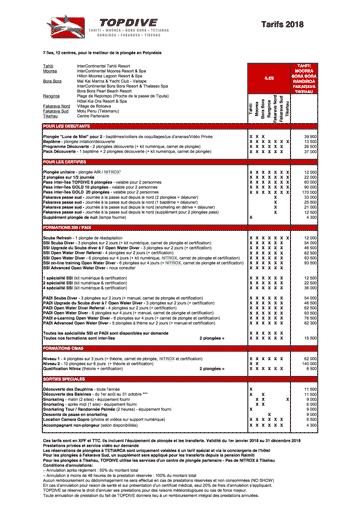 Tarifs TOPDIVE 2018